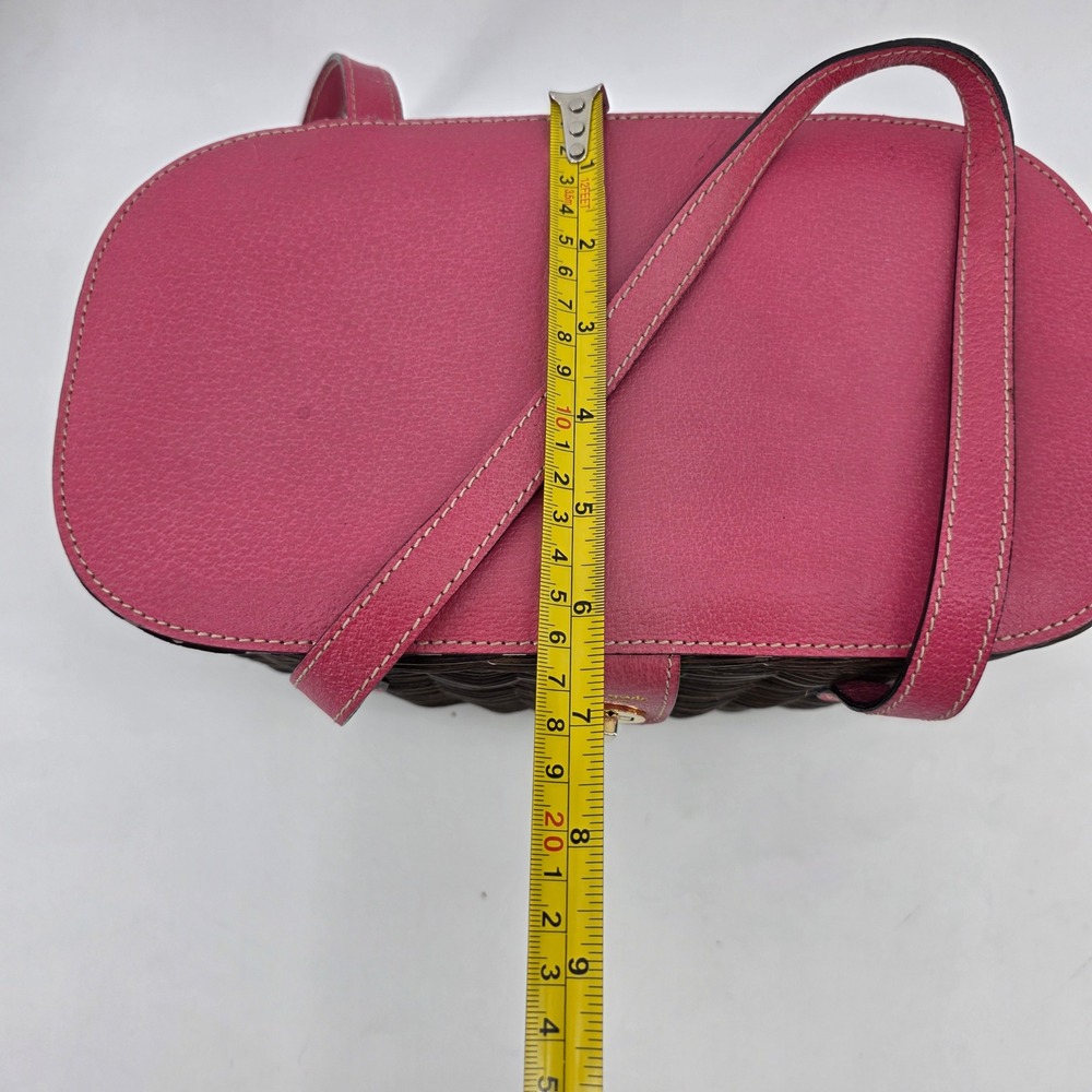 Kate Spade Pink Leather Dark Brown Wicker Picnic Basket Polka Dot Satchel Bag - Picture 10 of 13